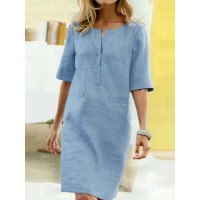 Casual Solid Color Decorative Pockets Half Sleeve Loose Midi Dress