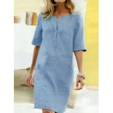 Casual Solid Color Decorative Pockets Half Sleeve Loose Midi Dress