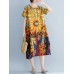 Contrast Color Floral Print O-neck Short Sleeve Pocket Midi Dress