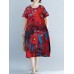 Contrast Color Floral Print O-neck Short Sleeve Pocket Midi Dress