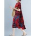 Contrast Color Floral Print O-neck Short Sleeve Pocket Midi Dress