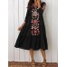 Ethnic Women V-neck Long Sleeve Floral Print Holiday Bohemian Pleated Maxi Dress