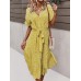 Floral Print Lapel Button Knotted Short Sleeve Dress For Women