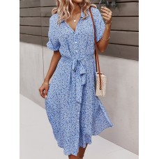 Floral Print Lapel Button Knotted Short Sleeve Dress For Women