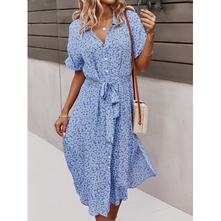 Floral Print Lapel Button Knotted Short Sleeve Dress For Women