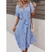 Floral Print Lapel Button Knotted Short Sleeve Dress For Women