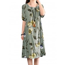 Retro Floral Print Two Pockets Loose Casual Dress For Women