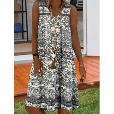 Vintage Bohemia Print V-neck Sleeveless Casual Loose Midi Dress