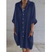 Women 100% Cotton Side Pockets Shirt Solid Buttons Lapel Midi Dresses