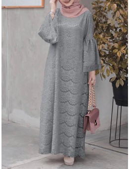 Women Abaya Kaftan Lace Patchwork Falre Sleeve Ankle Length Casual Midi Dresses