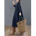 Women Cotton Solid Tie Back Round Neck Long Sleeve Casual Midi Dresses