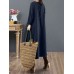 Women Cotton Solid Tie Back Round Neck Long Sleeve Casual Midi Dresses