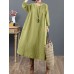 Women Cotton Solid Tie Back Round Neck Long Sleeve Casual Midi Dresses