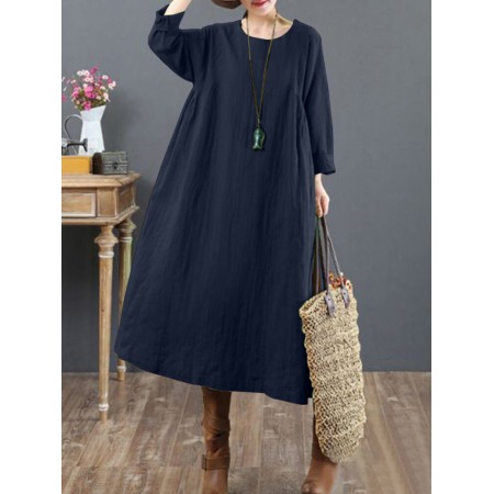 Women Cotton Solid Tie Back Round Neck Long Sleeve Casual Midi Dresses