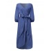 Women Denim Irregular Ruffle Hem Puff Sleeve Belted V-Neck Midi Dress