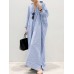 Women Long Sleeve Solid Color Striped Ankle Length Lapel Collar Midi Dresses