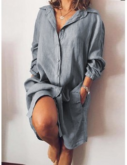 Women Loose Casual Long Sleeve V-neck Button Pocket Shirt Dress