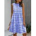 Women Plaid Pattern Sleeveless Back Button Tiered Dress