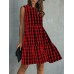 Women Plaid Pattern Sleeveless Back Button Tiered Dress