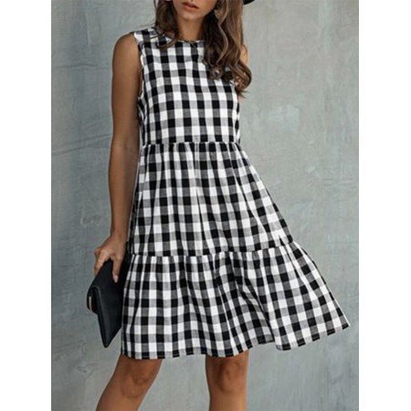 Women Plaid Pattern Sleeveless Back Button Tiered Dress