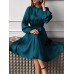 Women Puff Sleeve O-Neck Solid Pleated Casual Stylish Fitting Dress