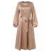 Women Puff Sleeve O-Neck Solid Pleated Casual Stylish Fitting Dress