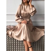 Women Puff Sleeve O-Neck Solid Pleated Casual Stylish Fitting Dress