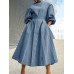 Women Puff Sleeve Pleated Solid Color Stand Collar Back Zipper Calf Length Midi Dresses