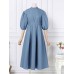 Women Puff Sleeve Pleated Solid Color Stand Collar Back Zipper Calf Length Midi Dresses