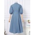 Women Puff Sleeve Pleated Solid Color Stand Collar Back Zipper Calf Length Midi Dresses