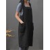 Women Sleeveless Side Pockets Cotton Loose Solid Color Vintage Apron Dress