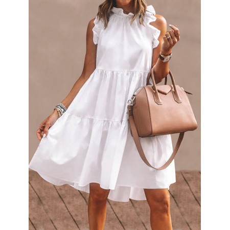 Women Solid Color Ruffles Trim Sleeveless Simple Midi Dresses