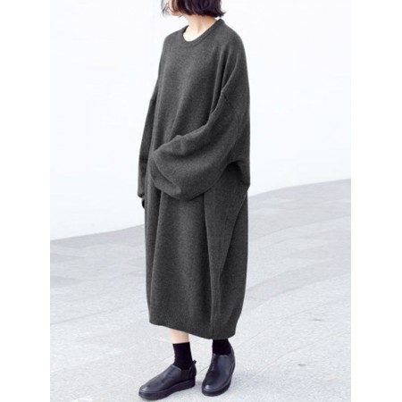 Women Solid Color Thick Sweatshirt Loose Raglan Sleeve Calf Length O-Neck Midi Dresses