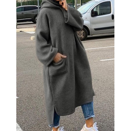 Women Solid Color Thick Sweatshirt Loose Side Pockets Side Fork Calf Length Midi Dresses