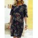 Women Vintage Cotton Floral Plant Print O-neck Half Sleeve Split Casual Dress