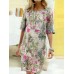 Women Vintage Cotton Floral Plant Print O-neck Half Sleeve Split Casual Dress