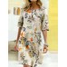 Women Vintage Cotton Floral Plant Print O-neck Half Sleeve Split Casual Dress