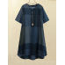 Women Vintage Plaid Print Button Front O-Neck Short Sleeve Loose Casual Shirt Dress With Pocket