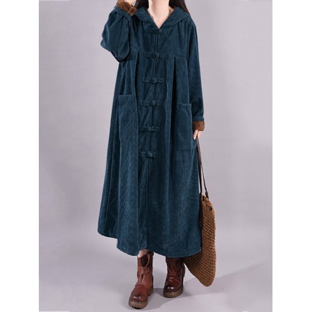 Corduroy Frog Button Solid Color Hooded Maxi Coats