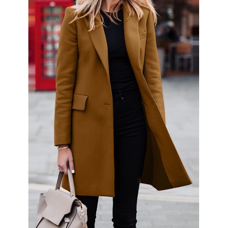 Solid Button Long Sleeve Lapel Coat For Women