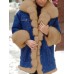 Women Distressed Denim Patchwork Warm Casual Faux Fur Coats