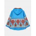 Women Ethnic Pattern Print Button Woolen Hooded Long Sleeve Casual Coat