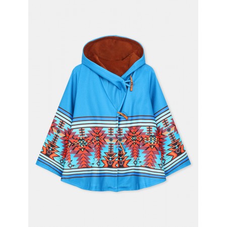 Women Ethnic Pattern Print Button Woolen Hooded Long Sleeve Casual Coat