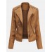 Women Faux PU Leather Solid Color Motorcycle Jacket