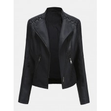 Women Faux PU Leather Solid Color Motorcycle Jacket