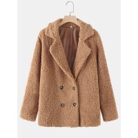 Women Simple Solid Winter Thermal Casaul Plush Lapel Button Commute Coat