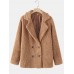 Women Simple Solid Winter Thermal Casaul Plush Lapel Button Commute Coat