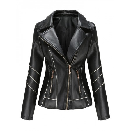 Women Solid Color Faux PU Leather Motorcycle Jacket With Pocket