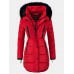 Women Solid Color Multi Pocket Zipper Front Faux Fur Collar Hooded Coat