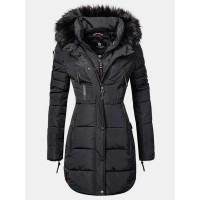 Women Solid Color Multi Pocket Zipper Front Faux Fur Collar Hooded Coat